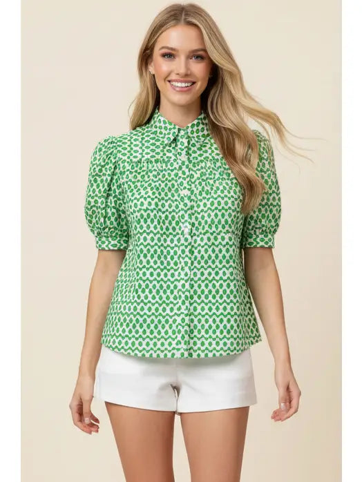 Geometric Print Button Down Blouse