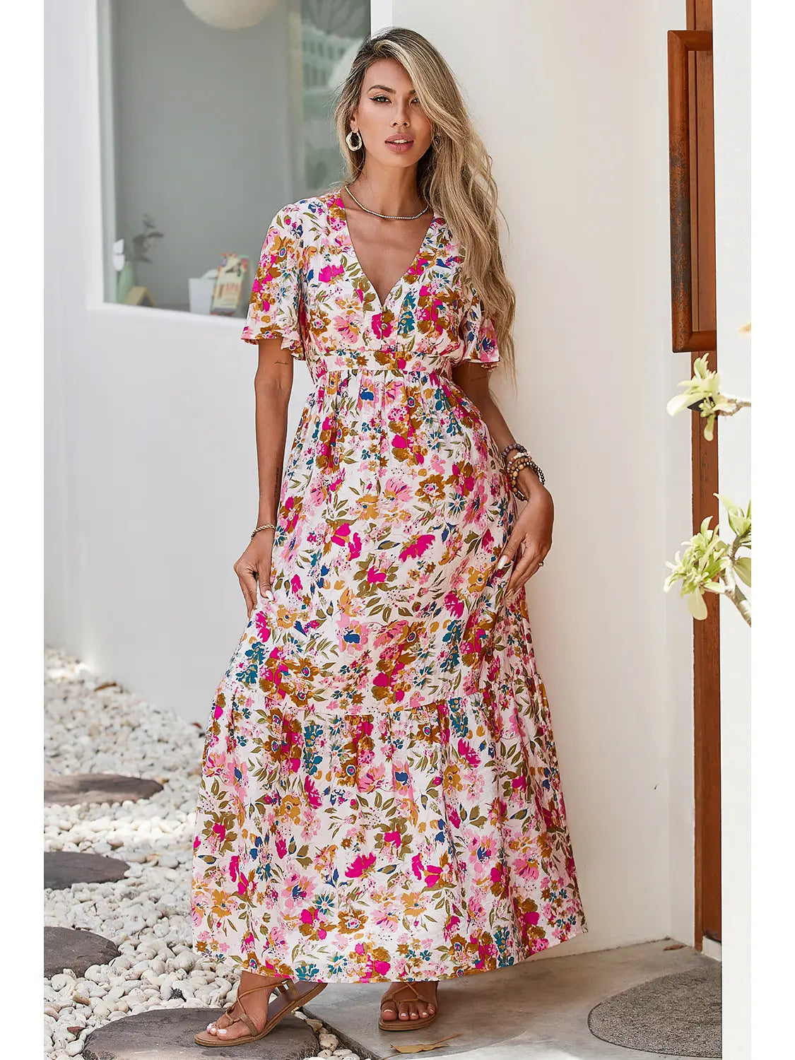 Floral Short Sleeve V Neck High Waist Maxi Dress