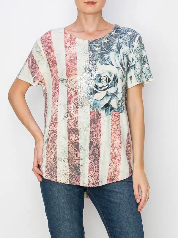 Lace & Sequin Soft Patriotic Rose Tee