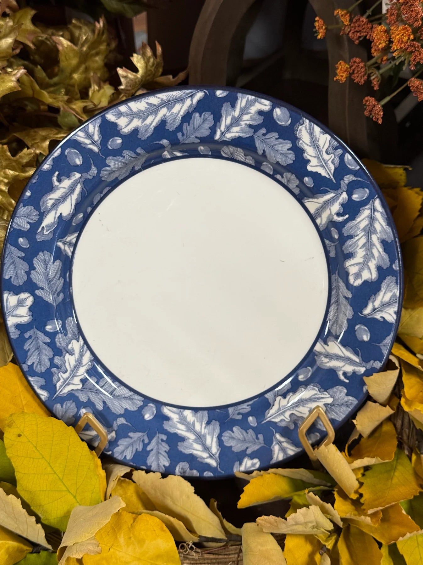 F-26 Blue And White Leaf Melamine Plate. 11.5in.