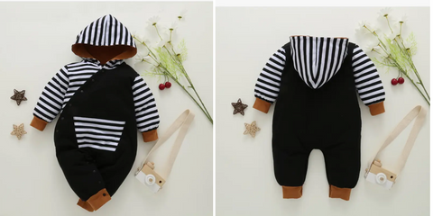 Striped Splicing Long Sleeve Hooded Baby Snap Up Jumpsuit