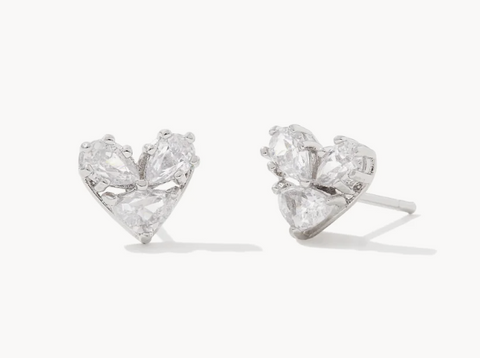 Katy Silver Heart Stud Earrings in White Crystal