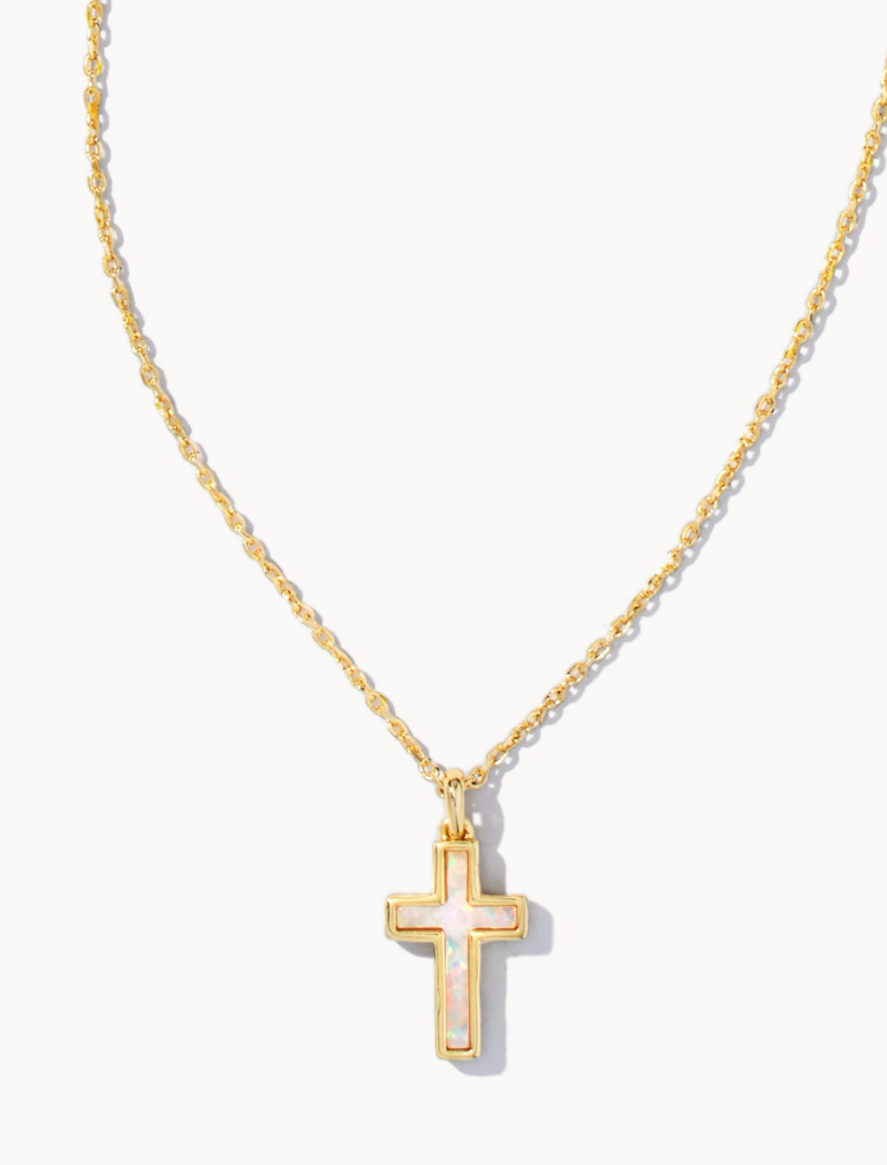 Cross Necklace Gold White Opal
