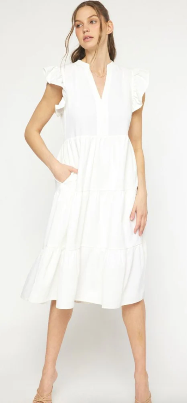Ruffled Tiered Midi Dress ( Off White )