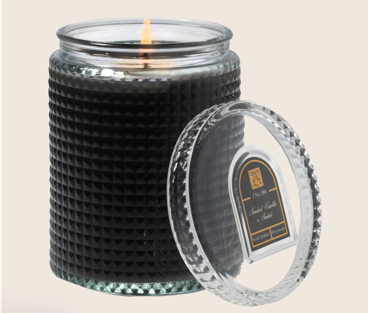 Textured Glass Candle With Lid 15oz. ( Smoked Vanilla & Santal )