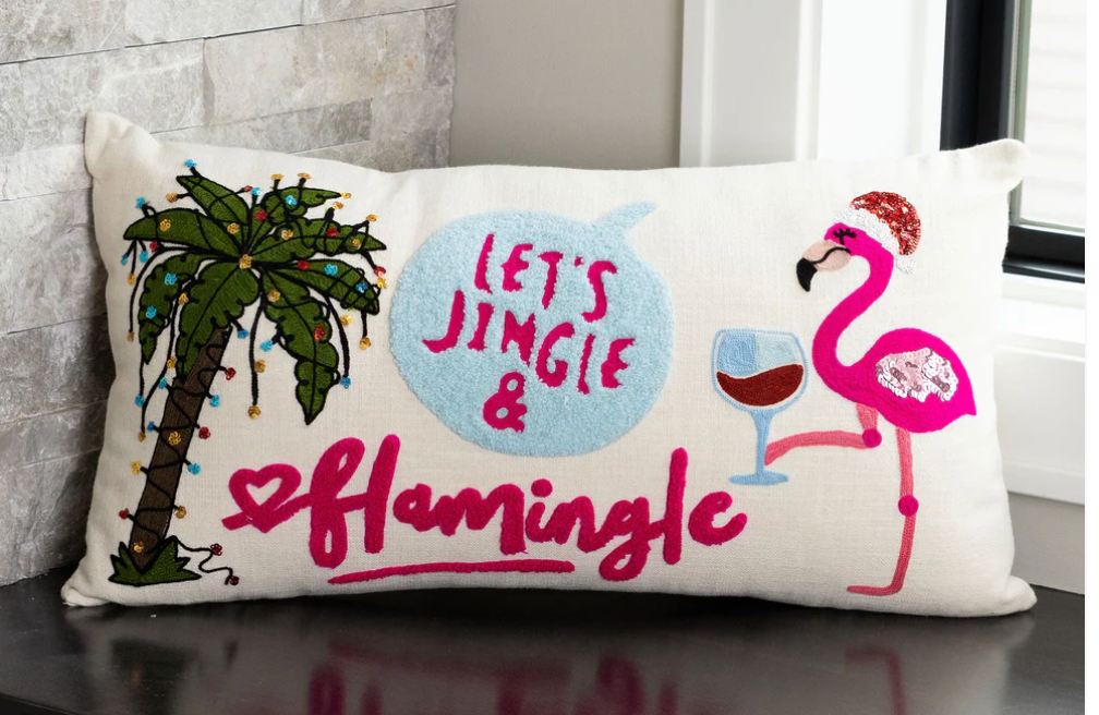 Flamingo Christmas Embroidered Lumbar Pillow 12"x 22"