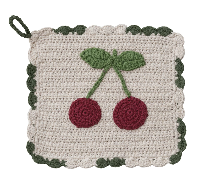 Cotton Crocheted Scalloped Pot Holder w/ Cherries