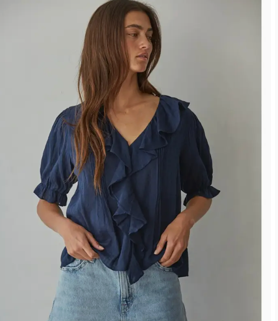 Woven Cotton V-Neck Short Sleeve Top