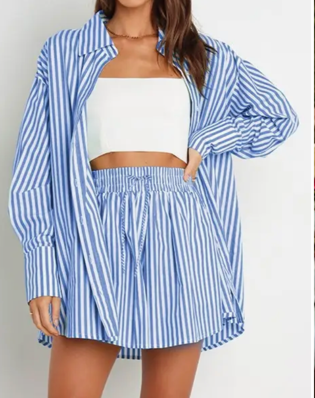 Classic Blue Striped Long Sleeve & Shorts Set