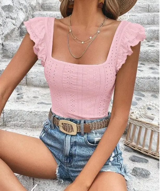 Square Neck Ruffle Trim Fitted T-Shirt