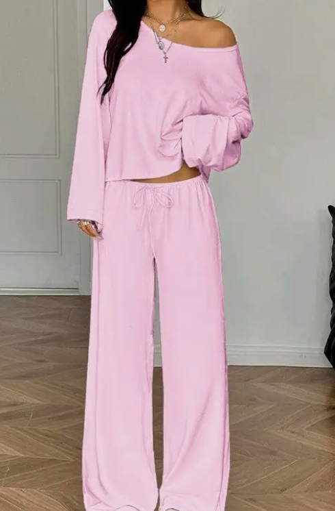 Off Shoulder Long Sleeve Top and Wide Leg Pants Set