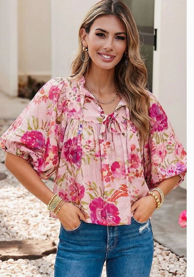Tie Neck Spring Floral Puffy Half Sleeve Blouse