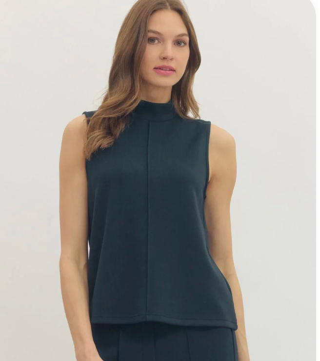 Solid Mock Neck Sleeveless Top With Front Seam