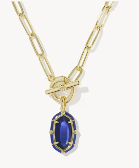 Elisa Gold Enamel Link and Chain Necklace Navy Mother-of-Pearl