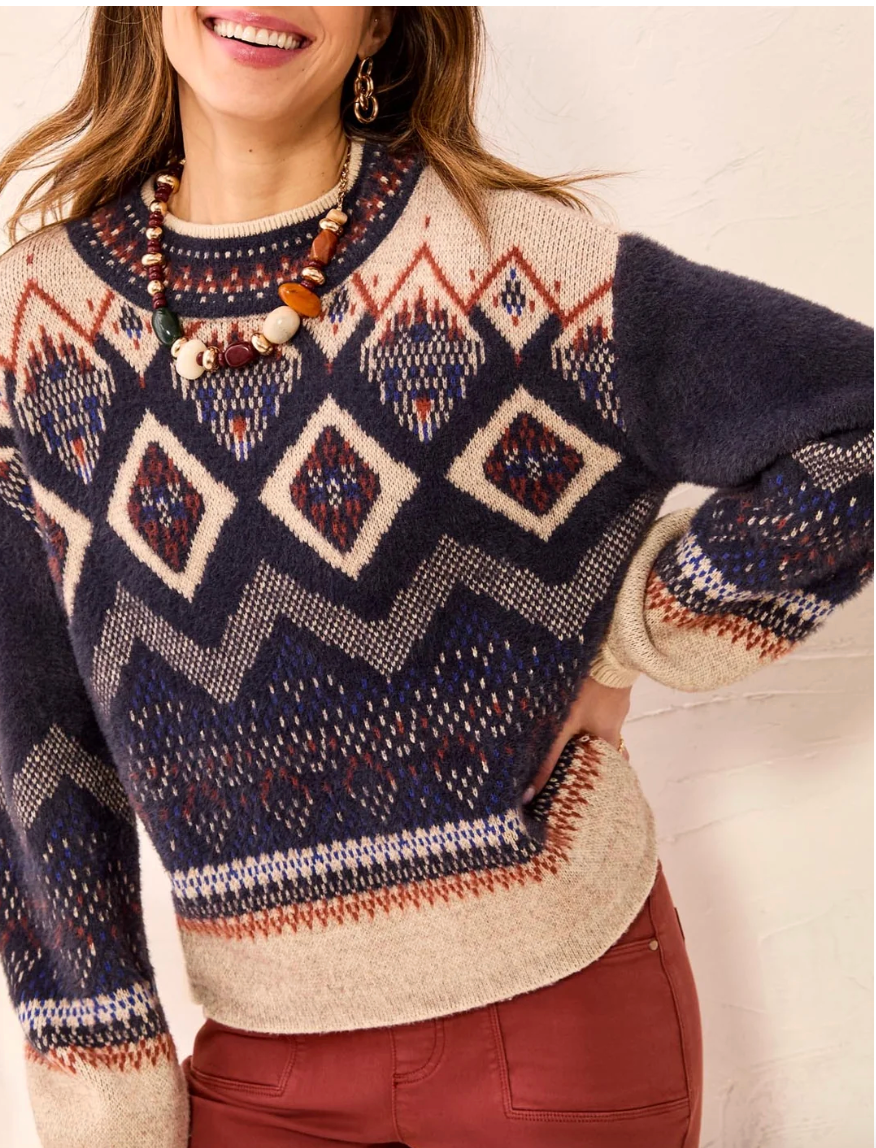 Tribal Long Sleeve Fair Isle Mock Neck Sweater ( Sapphire )