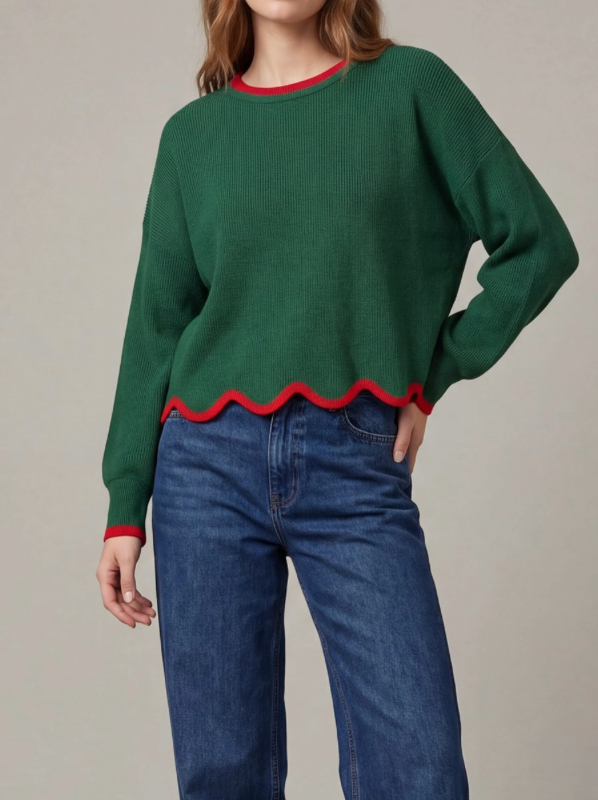 Green Sweater with Red Trim