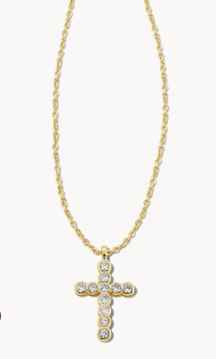 Kendra Scott Cross Gold Pendant Necklace in White CZ