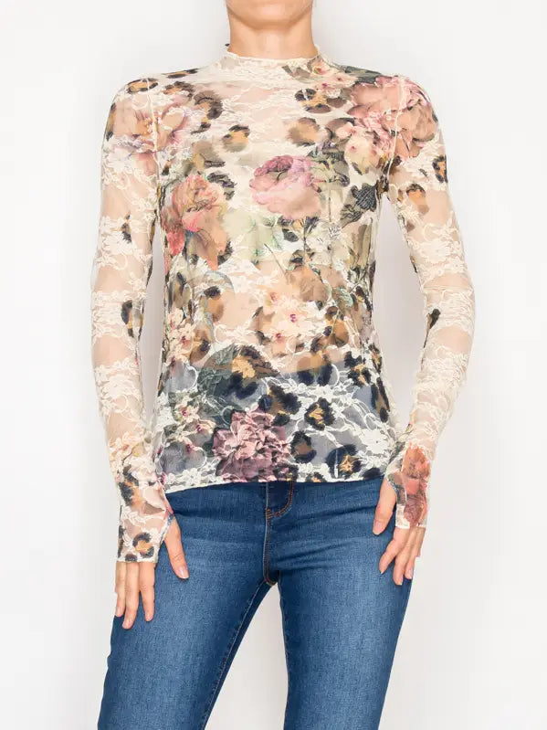 Sheer Flower Lace Mesh Long Sleeve Top