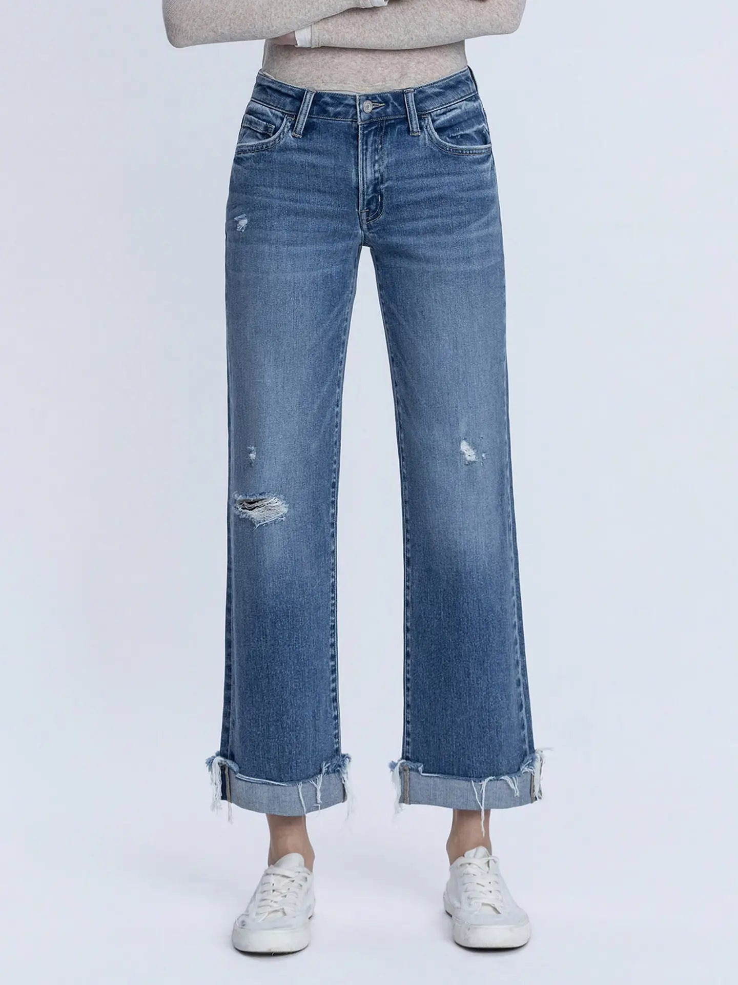 Mid Rise Cuffed Slim Wide Jeans
