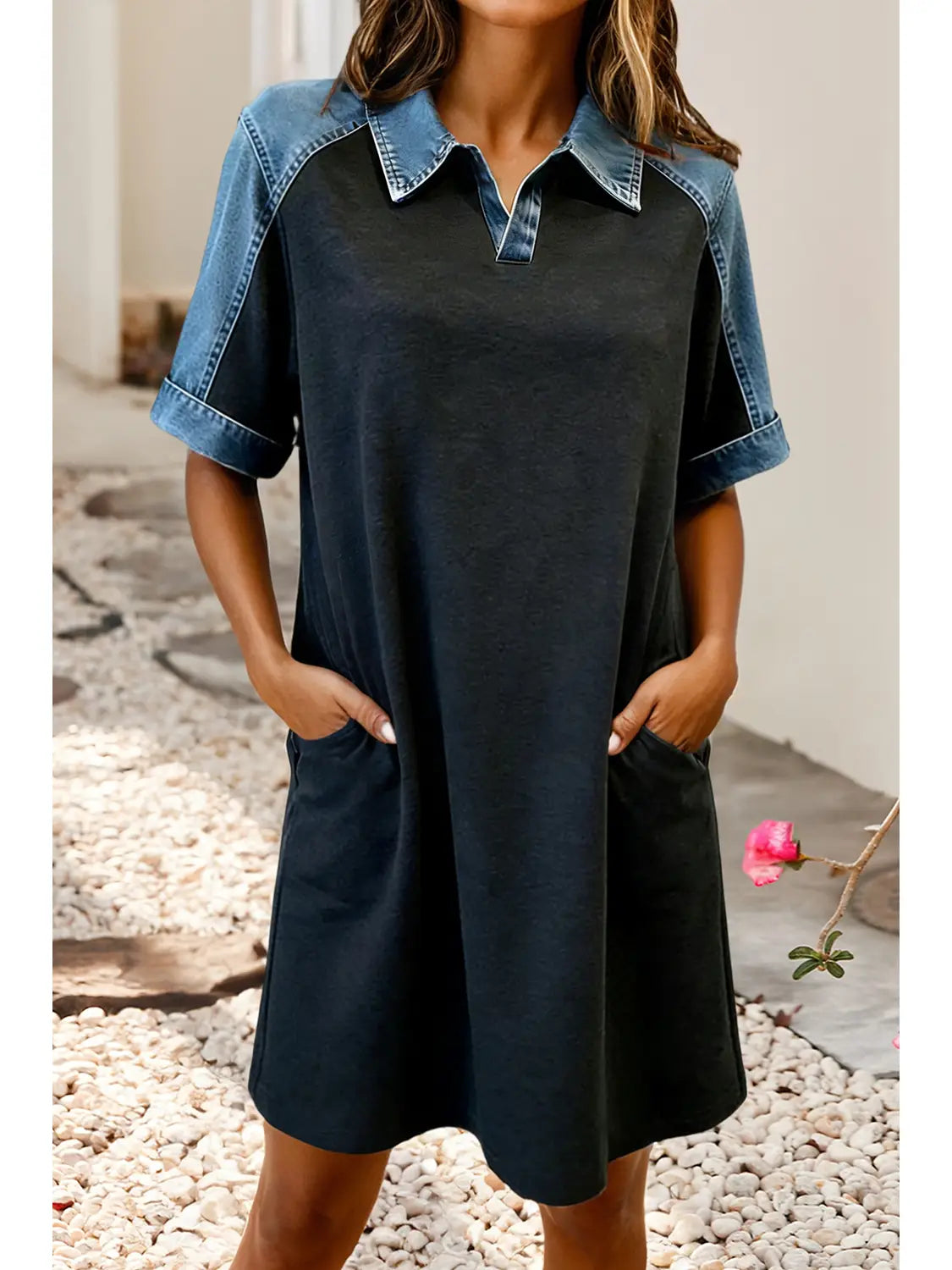 Denim Patchwork Polo Collar T Shirt Dress
