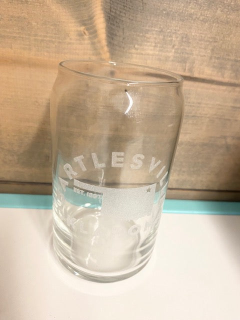 Etched Bartlesville Soda Can Shaped Glass