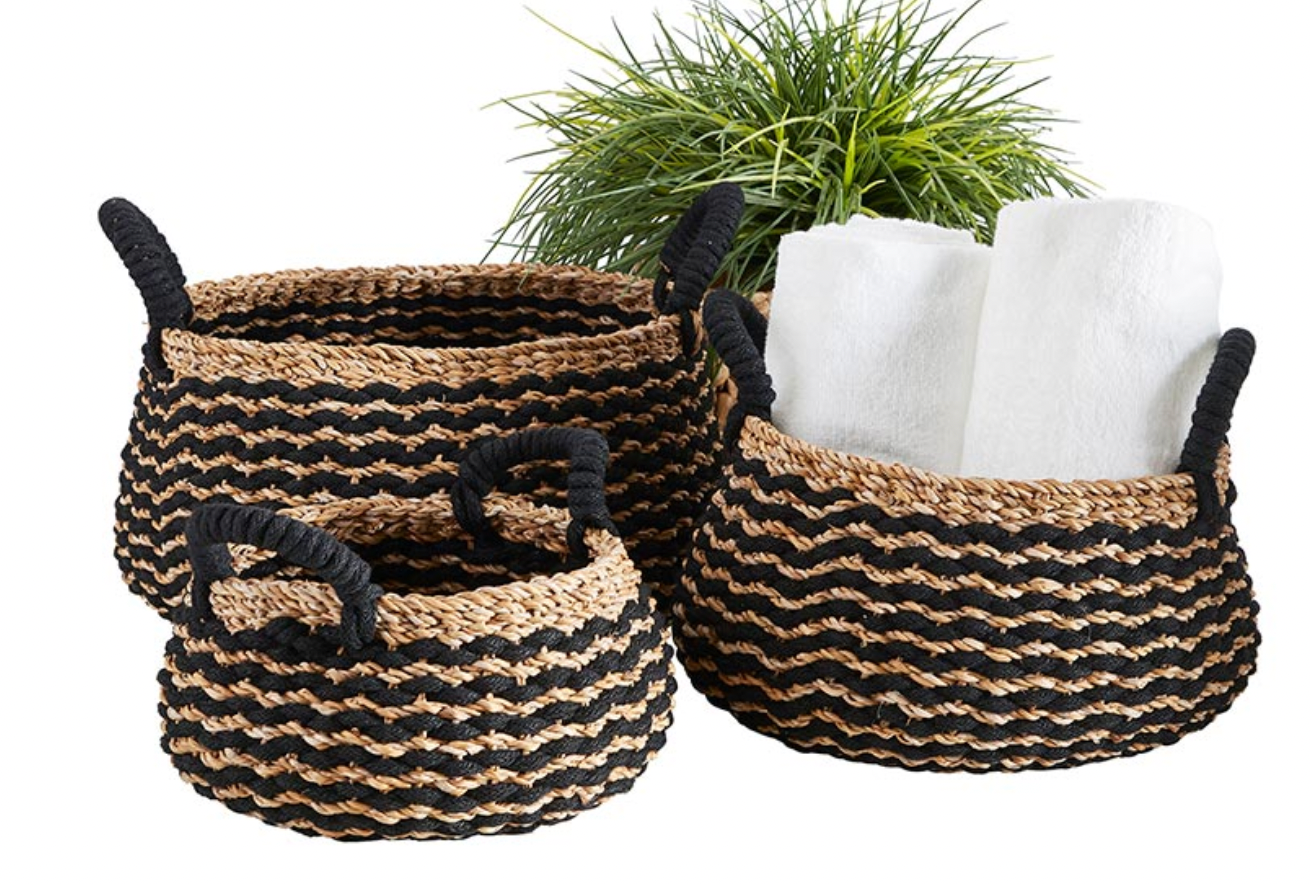 Black Stripe Round Basket W/ Handles (Large )