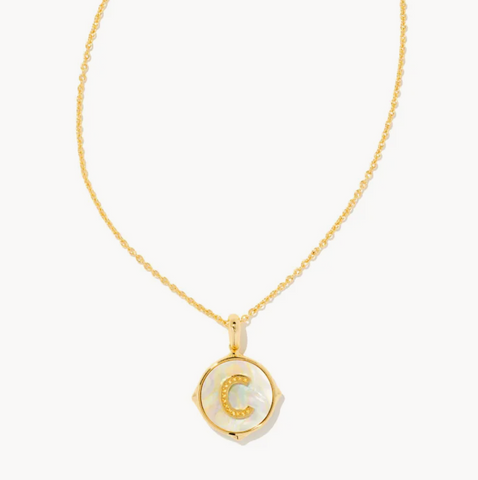 Letter C Gold Disc Pendant Necklace/ Iridescent Abalone