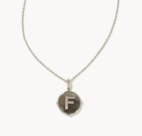 Letter F Silver Disc Pendant Necklace / Black Mother-of-Pearl*