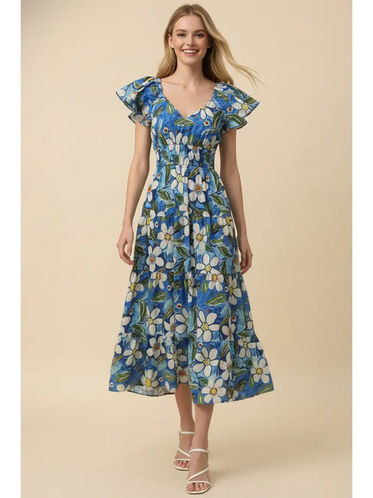 Floral Print Tiered Midi Dress