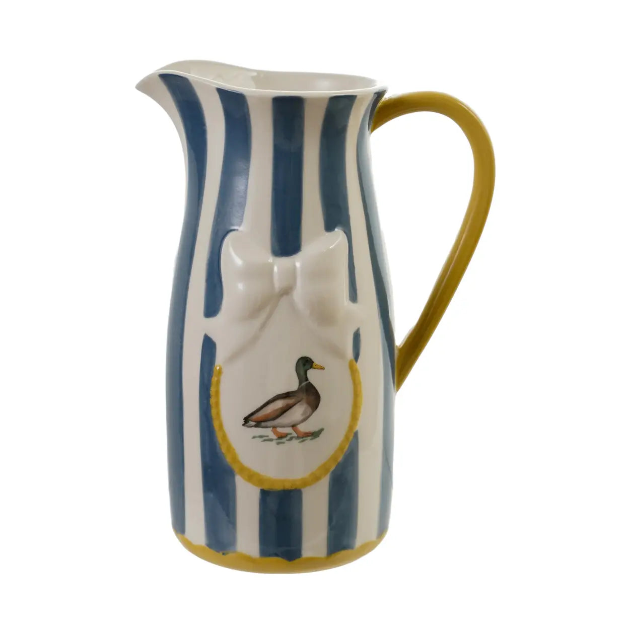 Stoneware Striped Pitcher W Bird & Bow