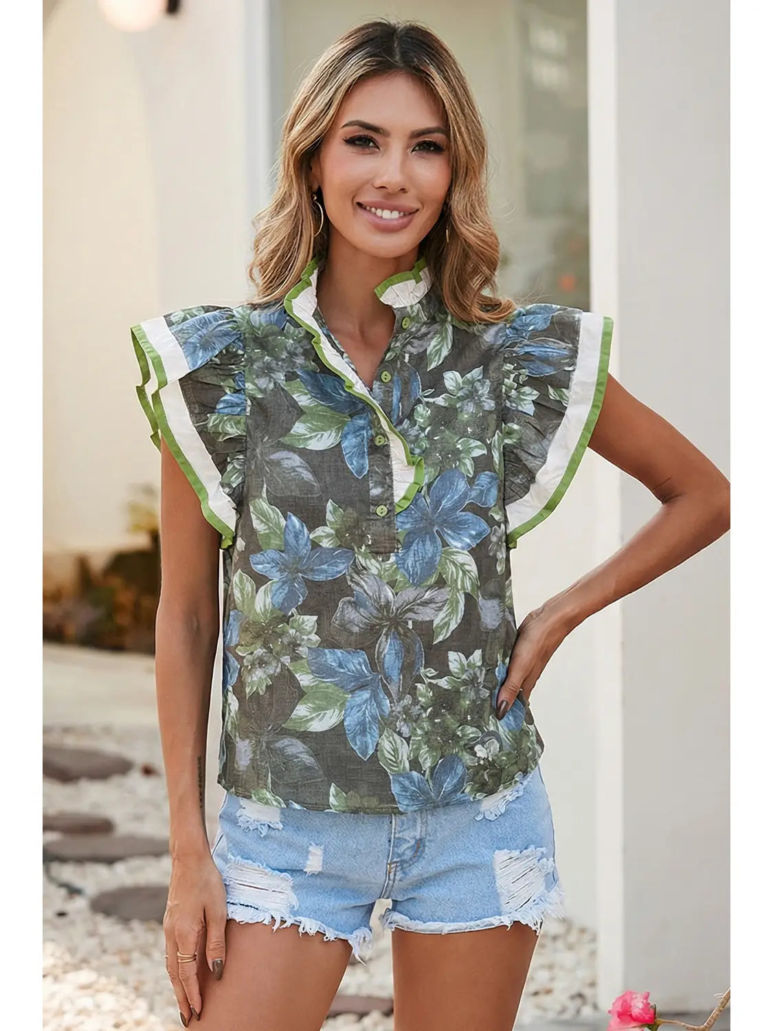 Floral Stand Neck Short Sleeve Top