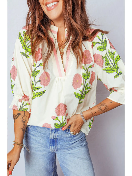 Wild Flower Print V Neck 3/4 Sleeve Blouse