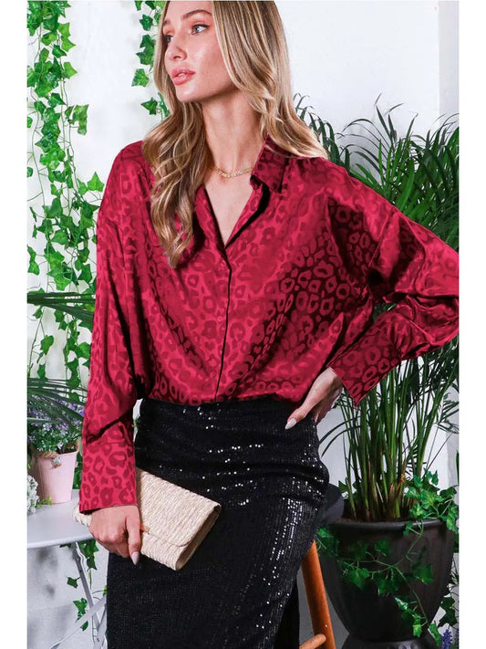 Collared Neck Leopard Jacquard Shirt Blouse