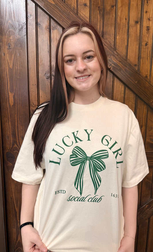 Lucky Girl Bow Stripe Cream Tee