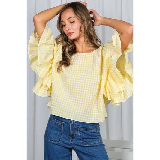 Wild Flowy Ruffle Sleeve Gingham Top