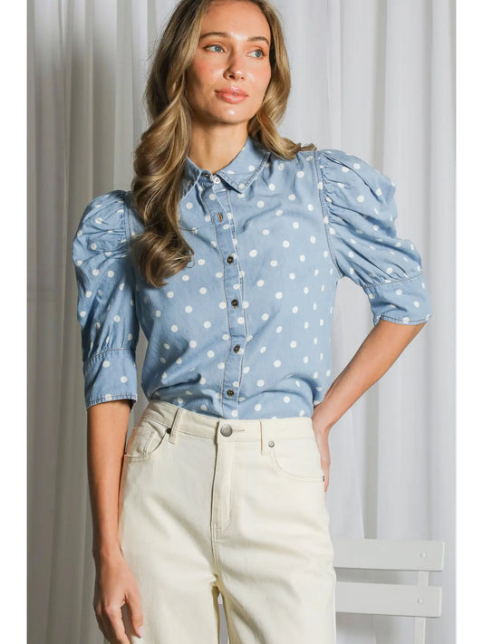 Polka Dot Collared Puff Sleeve 100%Cotton Shirt