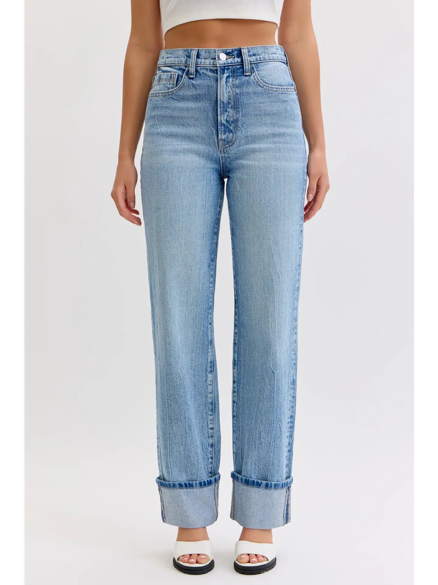 High Rise Single Cuffed Crop Straight Jeans