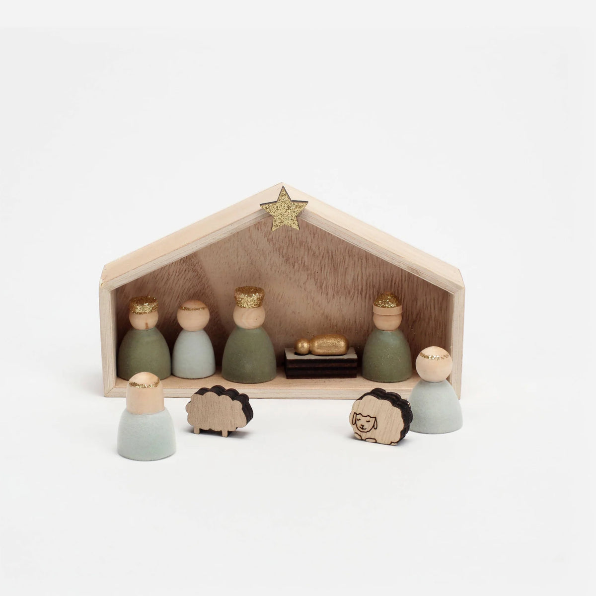 C-26 Flocked Wood Nativity- Set of 9