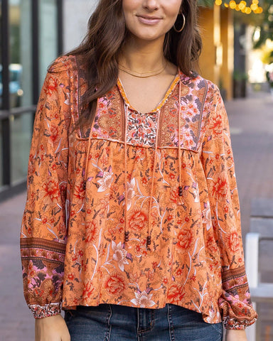 Grace and Lace Boho Peasant Top in Apricot Floral