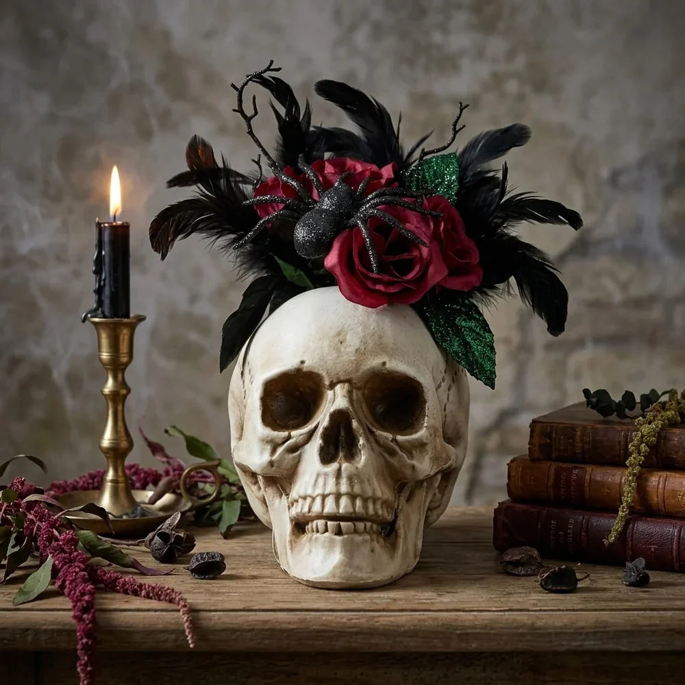 H-26 Feathered Floral Skull with Glitter Spider