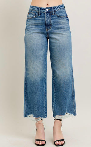 Judy Blue HW Rigid Magic Destroy Hem Crop Wide Jeans