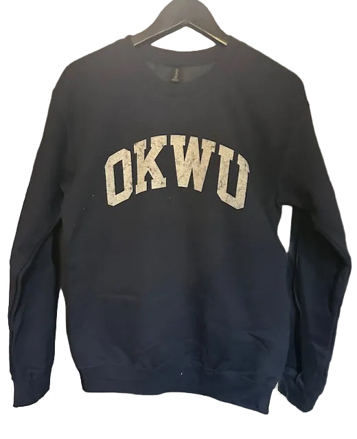 A navy blue crewneck sweatshirt with 'OKWU' text in white on the front.