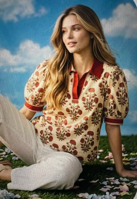Short Sleeve Woven Print Top in Red