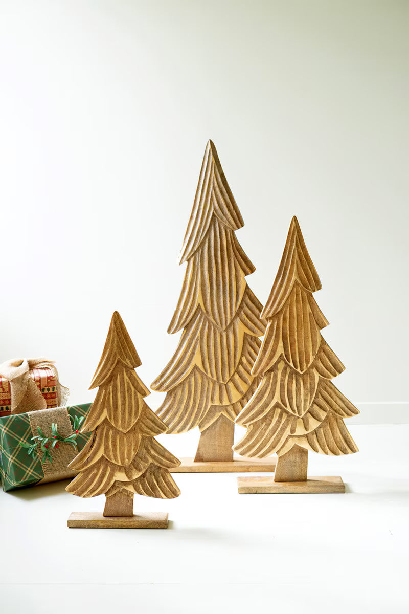 C-26 Carved Natural Mango Wood Christmas Tree with Gold Detail
