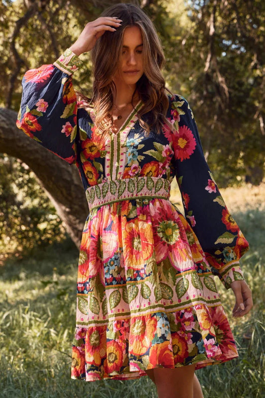 Floral Border Printed Dress ( Navy Multi )