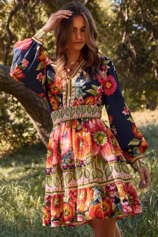 Floral Border Printed Mini Dress ( Navy Multi )