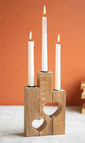 Triple Reclaimed Heart Wood Taper Candle Holder  Set/3