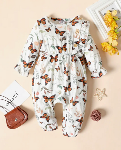 Baby Girl Brown/White Butterfly Long-Sleeve Ruffle Jumpsuit