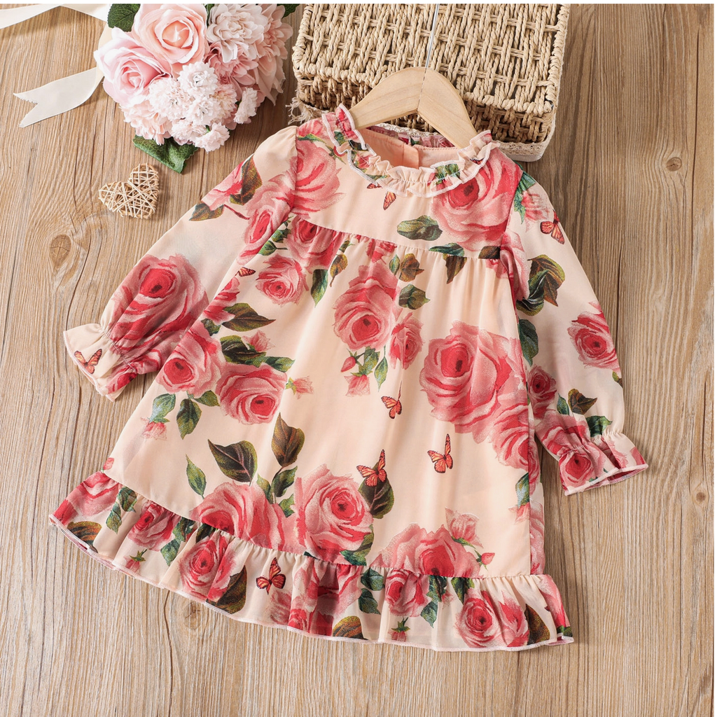 Toddler Girl Sweet Floral Ruffle Long-Sleeve Chiffon Dress