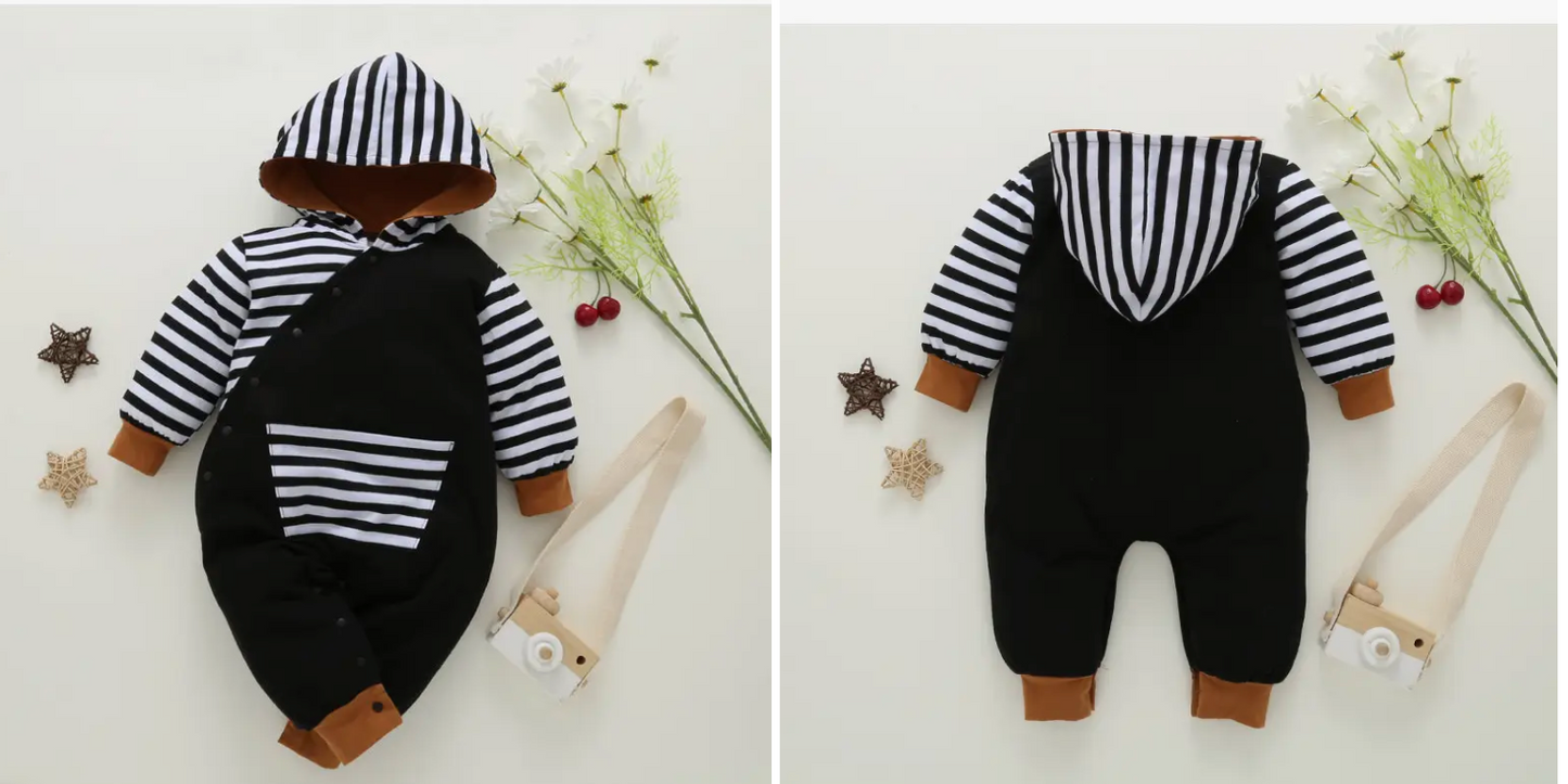 Striped Splicing Long Sleeve Hooded Baby Snap Up Jumpsuit